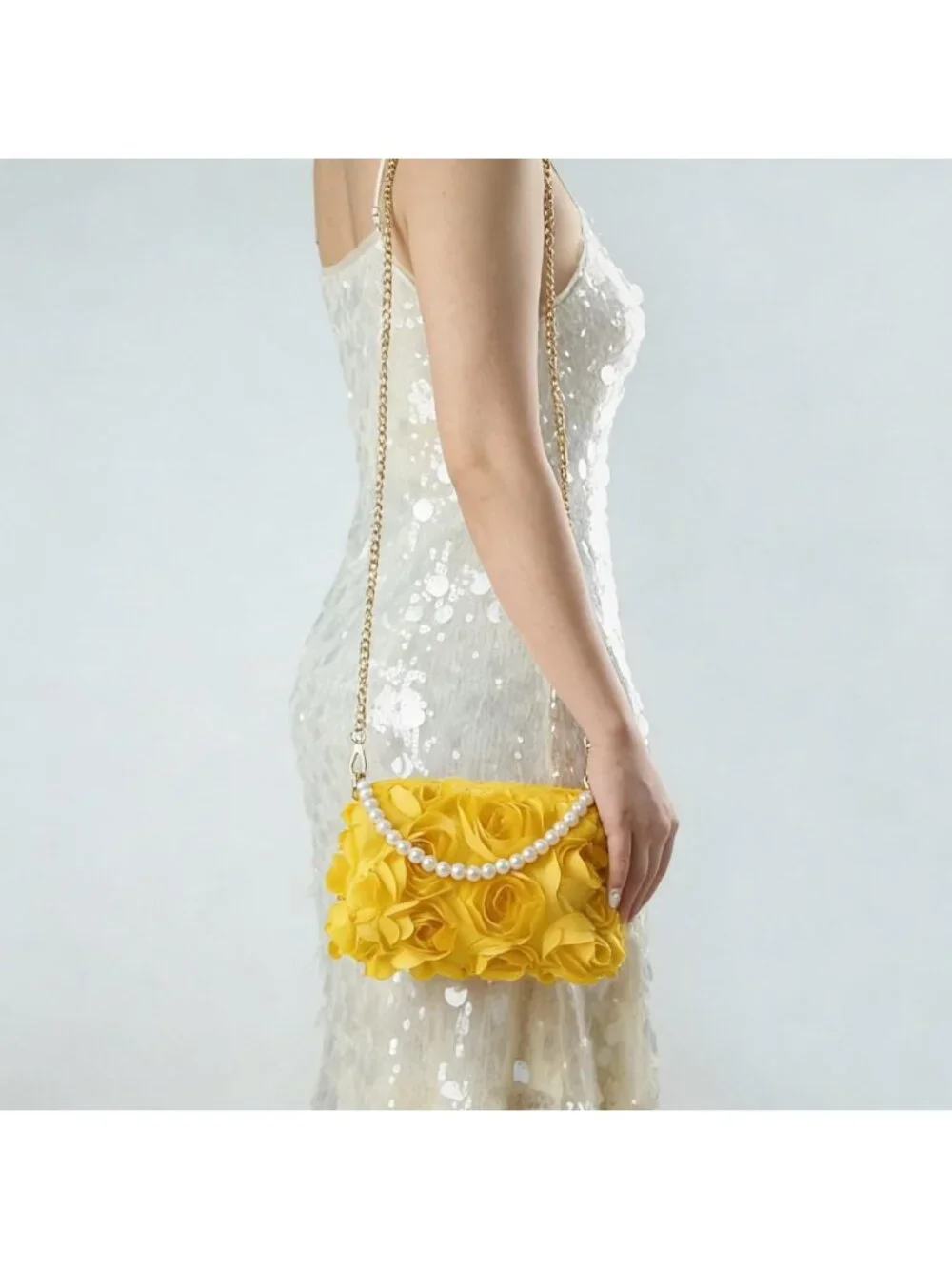 Elegant Floral Evening Clutch, 3D Chiffon Handbag with Pearl Beaded Handle for